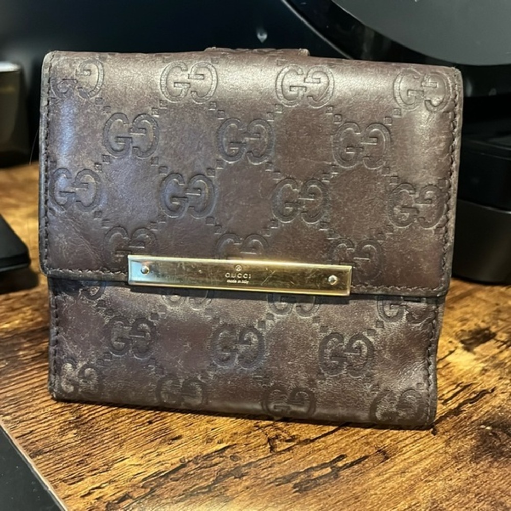 Gucci Guccissima W Hook Leather Wallet 112664 GG Embossed Brown × Gold